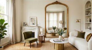 A bright, elegant small living room featuring a large statement mirror that reflects the space to cr