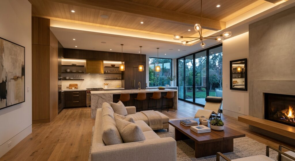 A stylish, open-concept kitchen and living room interior featuring elegant layered lighting, modern