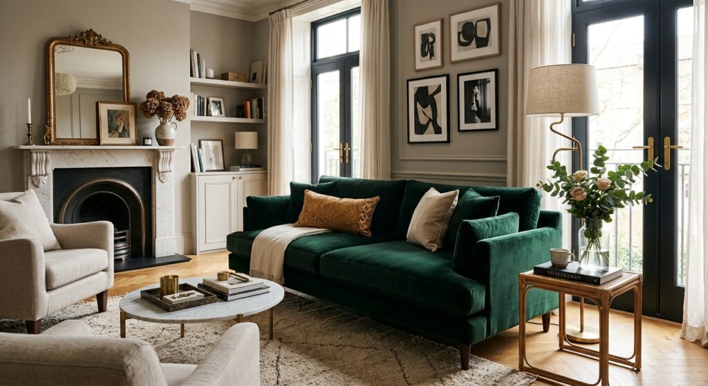 A high-end editorial interior photograph of a luxurious velvet sofa in a sunlit, stylish living room