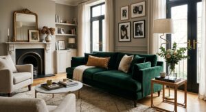 A high-end editorial interior photograph of a luxurious velvet sofa in a sunlit, stylish living room