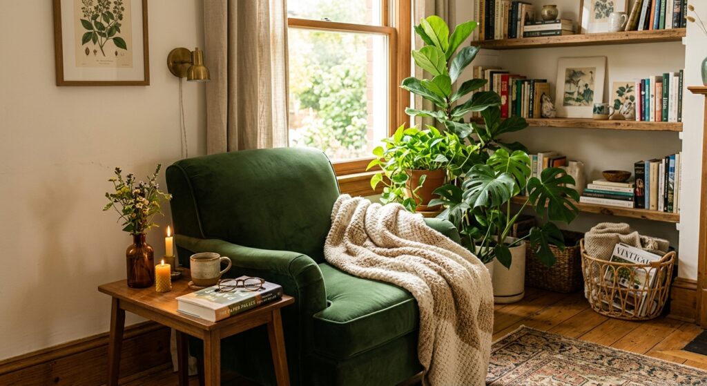 A cozy, editorial-style photo of a sunlit reading nook featuring a comfortable velvet armchair, a so