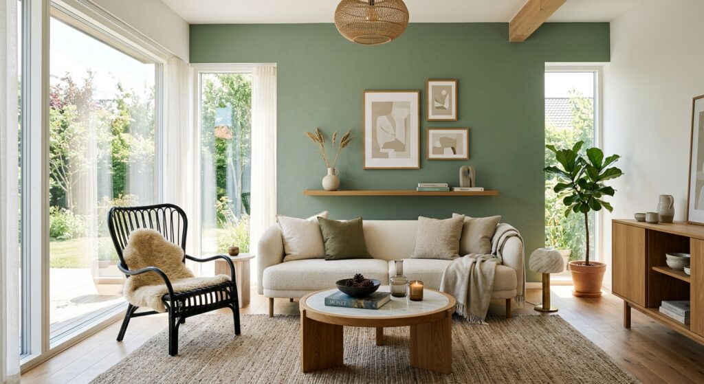 An elegant, sun-drenched modern living room featuring a trendy sage green accent wall, decorated wit