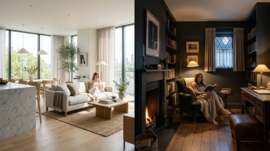 A high-end editorial split-screen composition contrasting a light-filled open-plan living area with