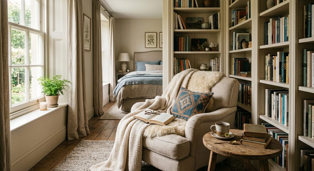 A cozy, sunlit reading nook in a stylish bedroom featuring a plush armchair, a soft knitted throw, a