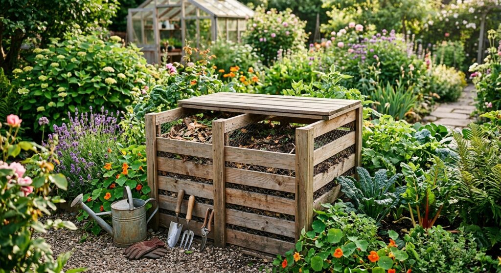 A high-quality, editorial-style photograph of a neat wooden compost bin in a lush, sunlit backyard g