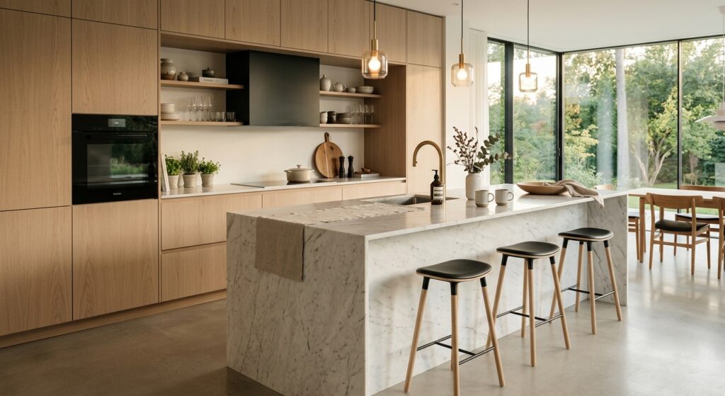 A stunning, high-end editorial shot of a minimalist modern kitchen featuring a sleek marble island,