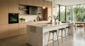 A stunning, high-end editorial shot of a minimalist modern kitchen featuring a sleek marble island,