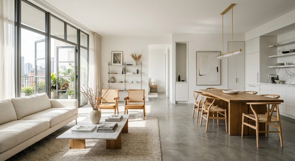 A bright, airy open-concept apartment interior featuring minimalist decor, seamless transitions betw