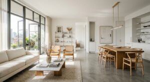 A bright, airy open-concept apartment interior featuring minimalist decor, seamless transitions betw