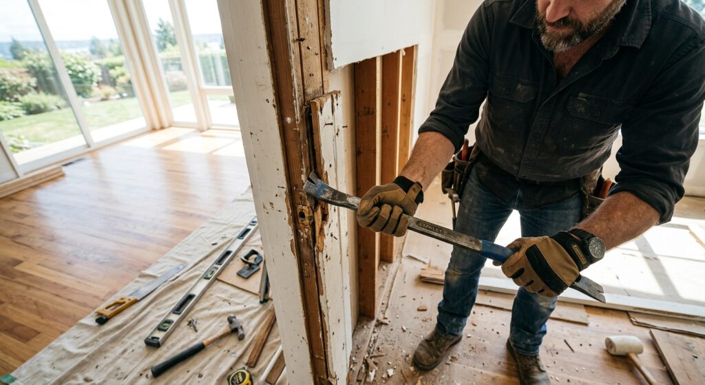 A professional, high-angle editorial shot of a craftsman's hands carefully using a pry bar to remove