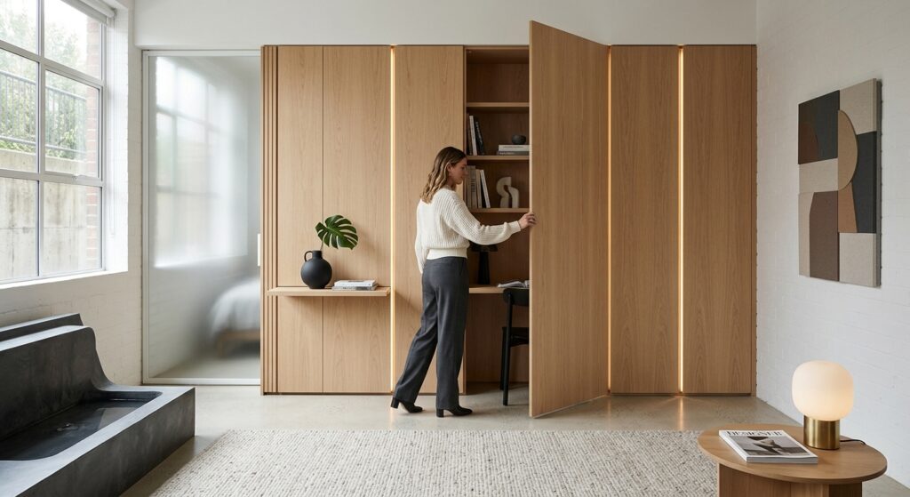 A stylish, high-end editorial shot of a minimalist multifunctional room featuring seamless, integrat