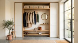 A professional, editorial-style photograph of a modern, minimalist entryway with an organized, built