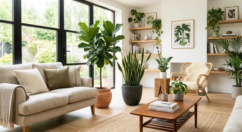 A bright, modern living room filled with lush air-purifying houseplants like a fiddle leaf fig and s