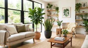 A bright, modern living room filled with lush air-purifying houseplants like a fiddle leaf fig and s