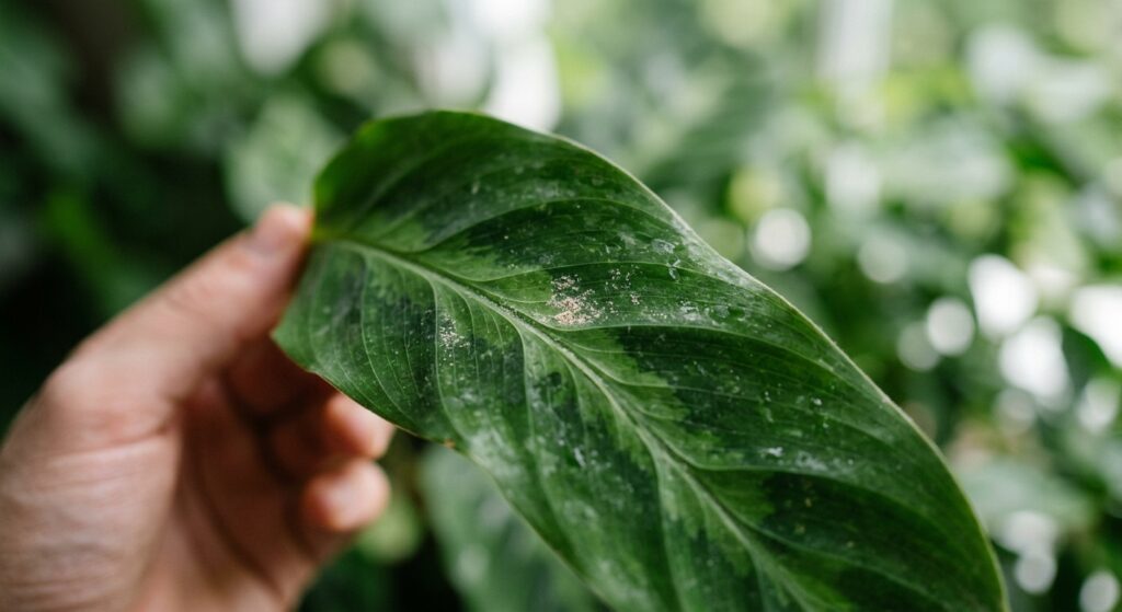 A high-quality, editorial-style close-up of a lush green plant leaf exhibiting the very first subtle