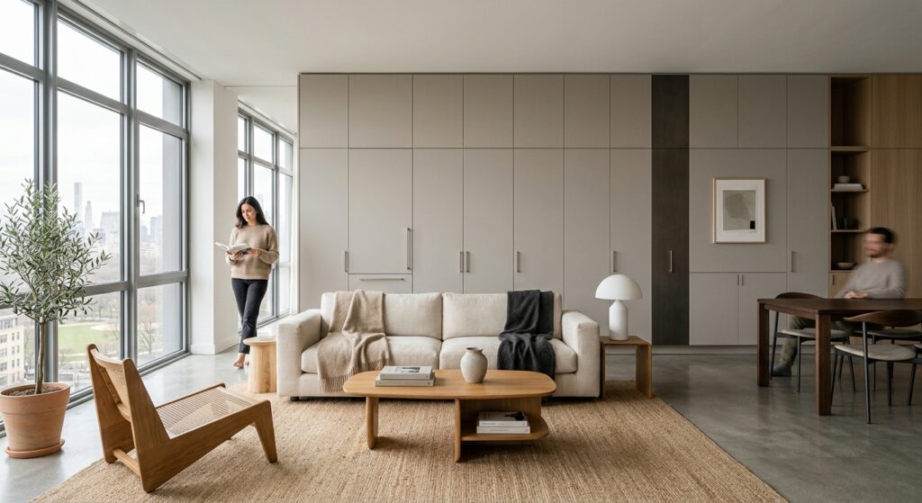 A high-end, editorial-style photograph of a minimalist modern living room featuring a seamless, cust