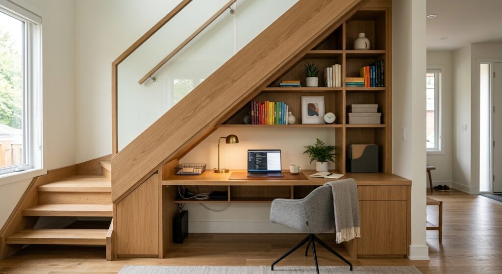 A high-end interior design photograph of a modern, well-organized home office nook tucked perfectly