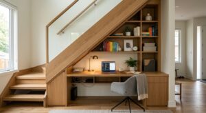 A high-end interior design photograph of a modern, well-organized home office nook tucked perfectly