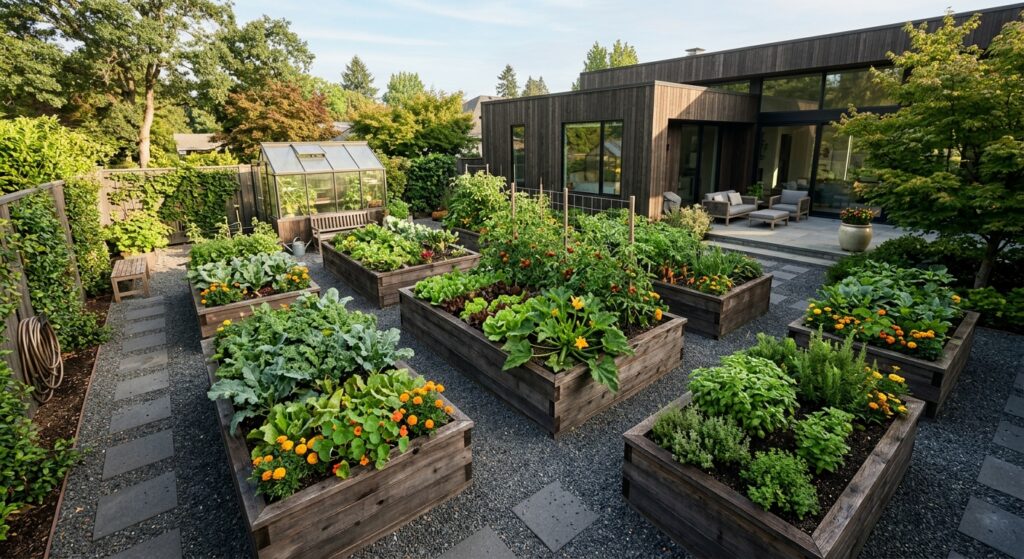 A high-angle, professional editorial shot of a lush, thriving vegetable garden featuring aesthetical