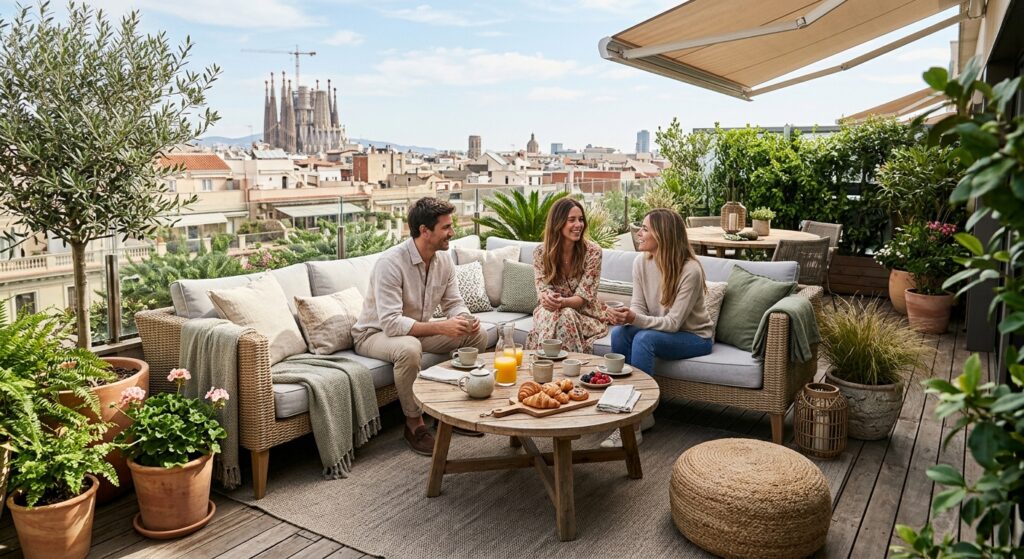 A high-angle, editorial-style photograph of a sunlit, beautifully styled modern terrace featuring co