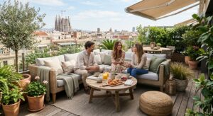 A high-angle, editorial-style photograph of a sunlit, beautifully styled modern terrace featuring co