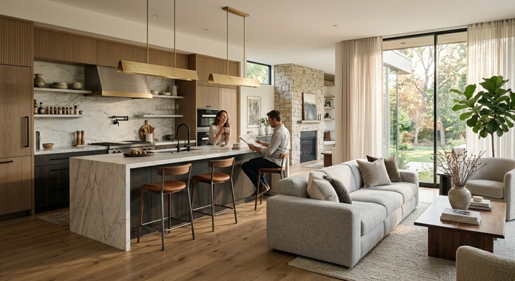 A sophisticated, high-end open-plan kitchen and living area featuring a harmonious blend of premium