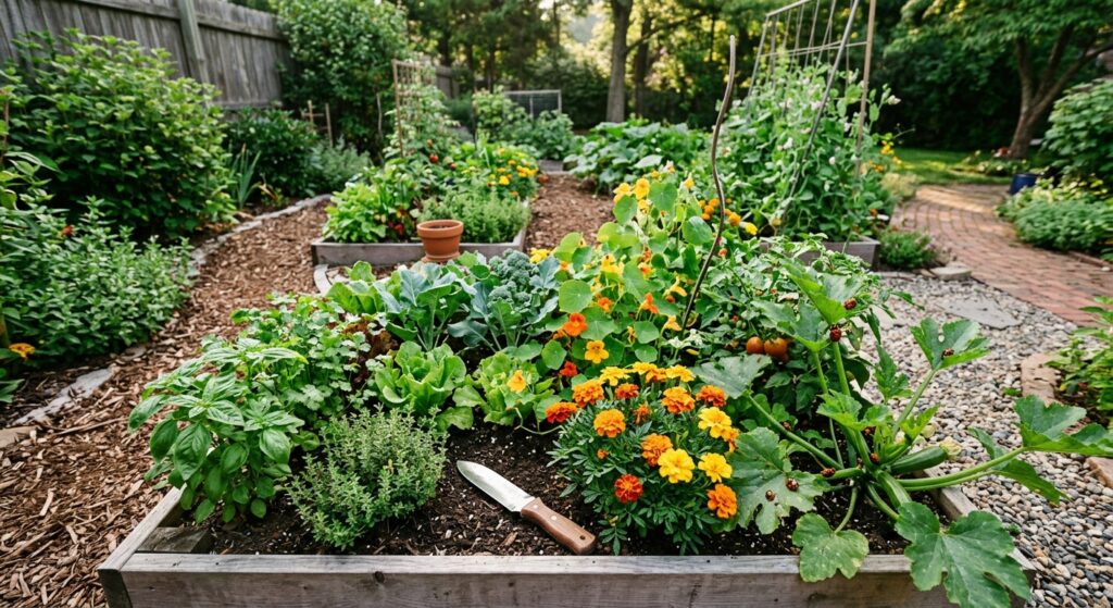 A high-angle, professional editorial photograph of a flourishing home garden, featuring a gardening