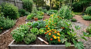 A high-angle, professional editorial photograph of a flourishing home garden, featuring a gardening