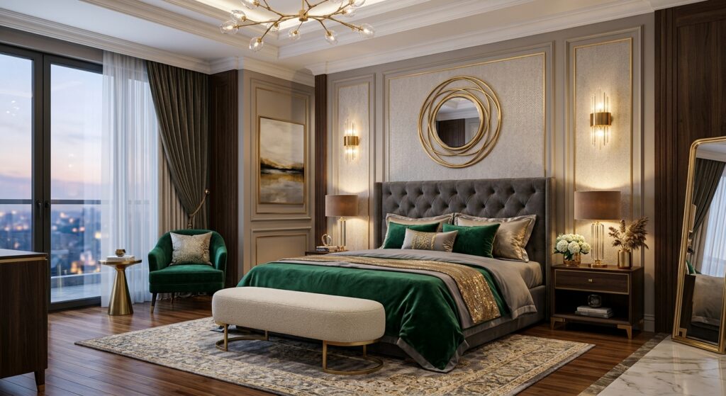 A luxurious, professional interior photography shot of a modern bedroom featuring elegant velvet tex