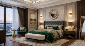 A luxurious, professional interior photography shot of a modern bedroom featuring elegant velvet tex