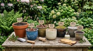 A high-angle, professional editorial shot of various organic potting substrates for acid-loving plan