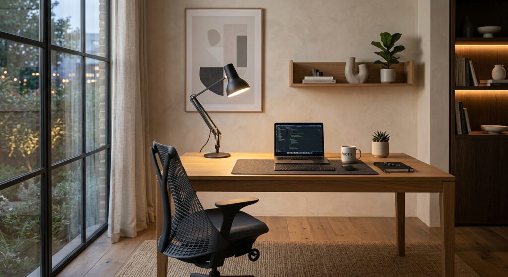 A modern, minimalist home office bathed in soft, layered lighting with a stylish desk lamp and a cle