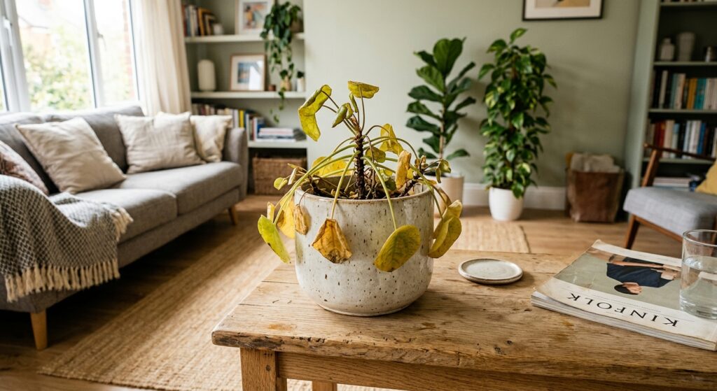 A high-angle, professional editorial photograph of a drooping, yellowing houseplant in a stylish cer