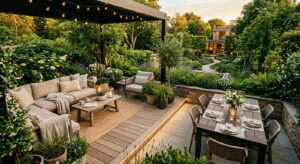 An elevated, editorial-style photograph of a modern multifunctional garden terrace featuring a cozy