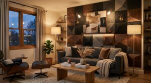 A professional interior design shot featuring contemporary soundproofing acoustic wall panels in a s