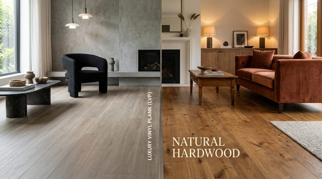 A high-end, editorial interior design split-screen shot comparing a sleek modern luxury vinyl plank