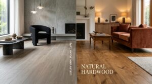 A high-end, editorial interior design split-screen shot comparing a sleek modern luxury vinyl plank