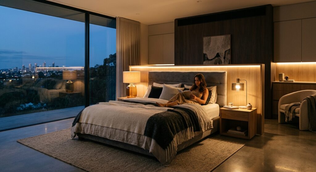 A high-end editorial photograph of a tranquil, modern bedroom at twilight featuring layered warm amb