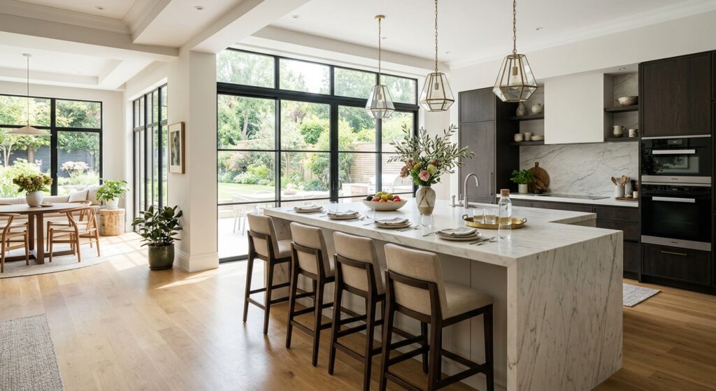 A modern, sun-drenched open-plan kitchen featuring a sleek marble kitchen island with high-end bar s