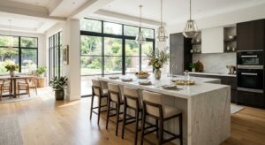 A modern, sun-drenched open-plan kitchen featuring a sleek marble kitchen island with high-end bar s