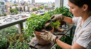 A professional, high-angle editorial shot of a person's hands wearing gardening gloves carefully app