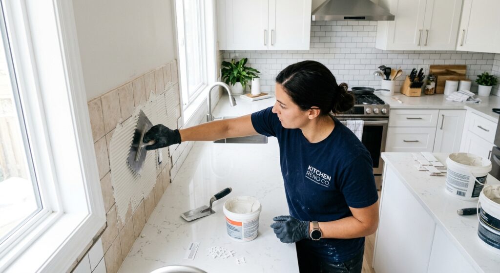 A professional, high-angle editorial shot of a person applying a thin layer of tile adhesive directl