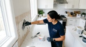 A professional, high-angle editorial shot of a person applying a thin layer of tile adhesive directl