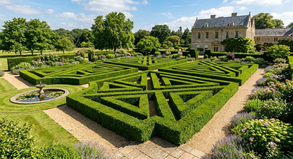 A professional, editorial-style photograph of a pristinely manicured, lush green hedge in a sunlit g