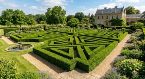 A professional, editorial-style photograph of a pristinely manicured, lush green hedge in a sunlit g
