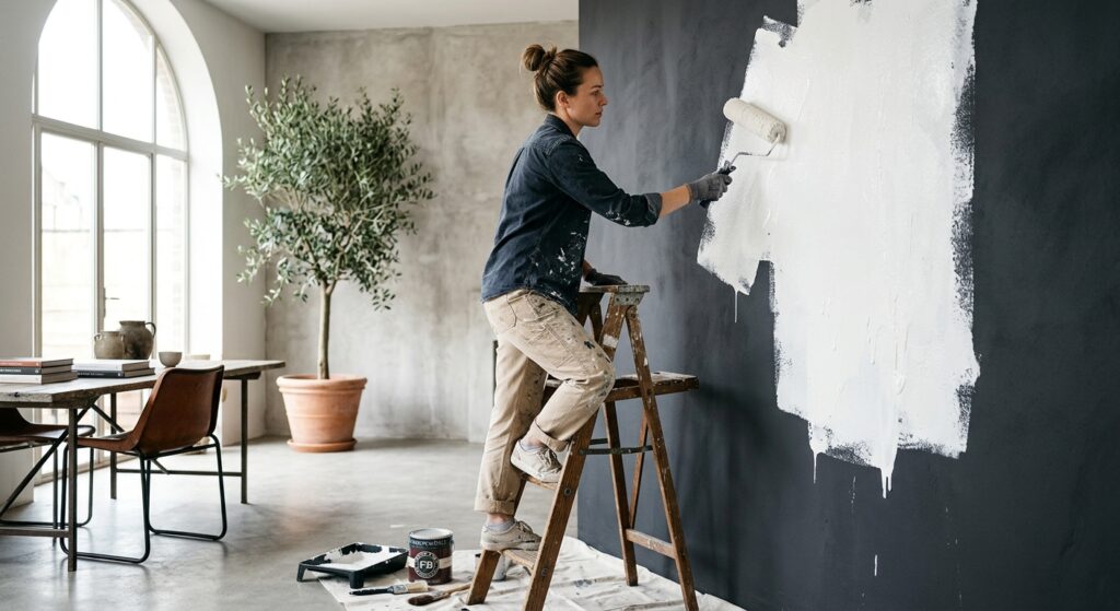 A high-end editorial shot of a professional painter applying a thick, bright white layer of premium