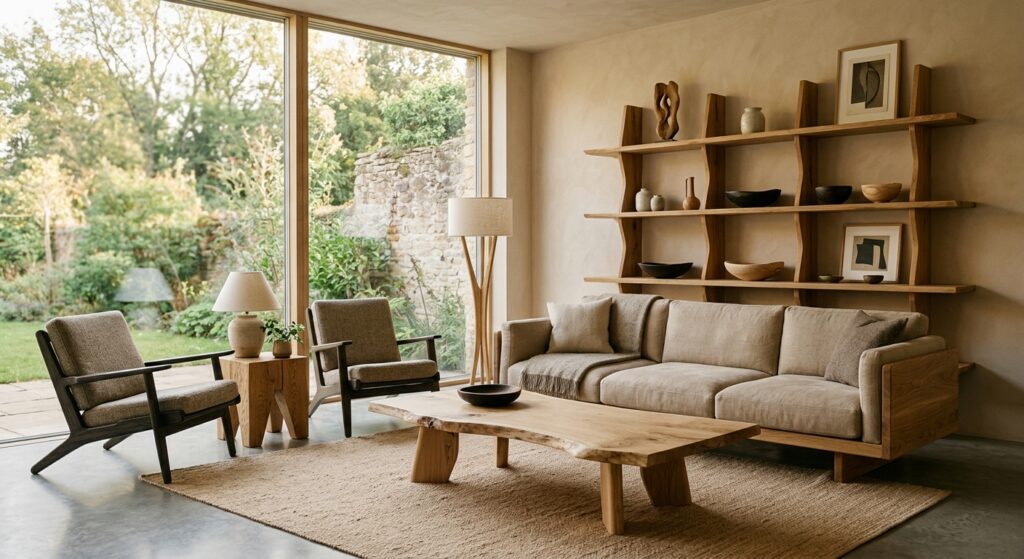 A high-end editorial photograph of a minimalist modern living room featuring elegant, sculptural nat