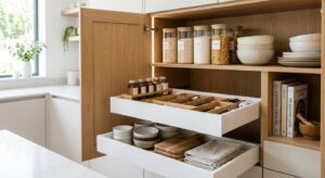 A bright, high-end editorial shot of a meticulously organized modern kitchen cabinet interior featur