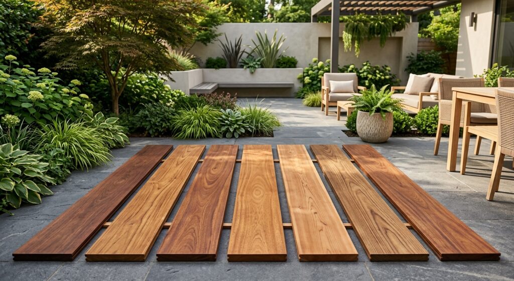 A high-end editorial shot of various premium wooden deck planks arranged neatly on a modern, sunlit