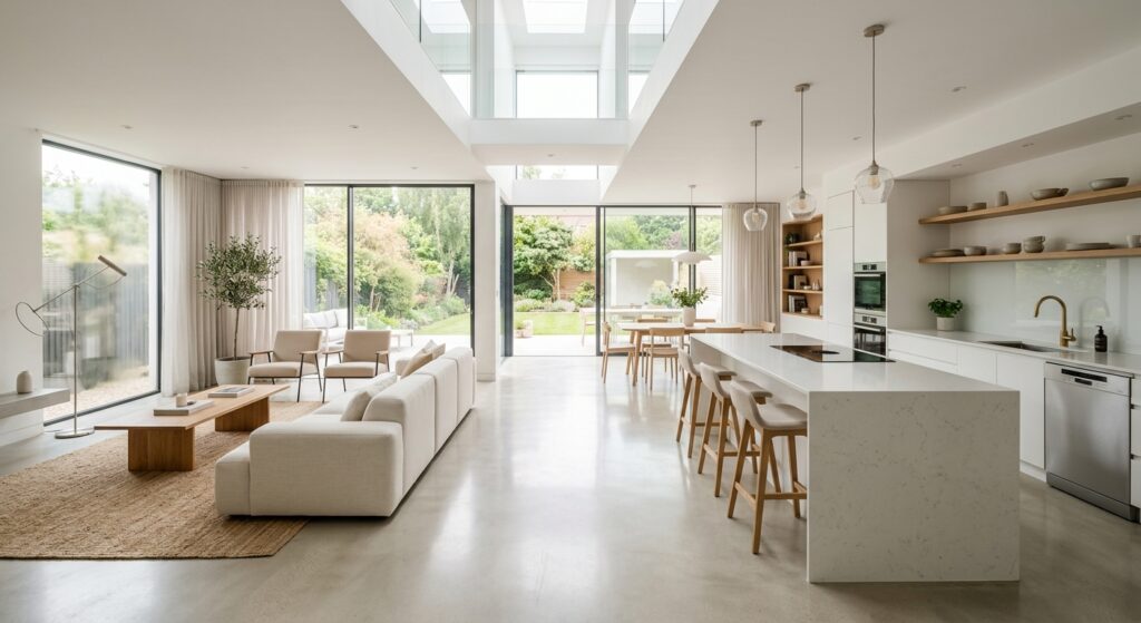 A bright, airy, and modern open-plan living room and kitchen area featuring neutral tones, reflectiv